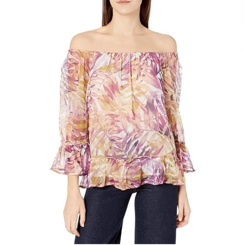 NWT Lucky Brand Tropical Palm Print Off The Shoulder Peasant Blouse Medium